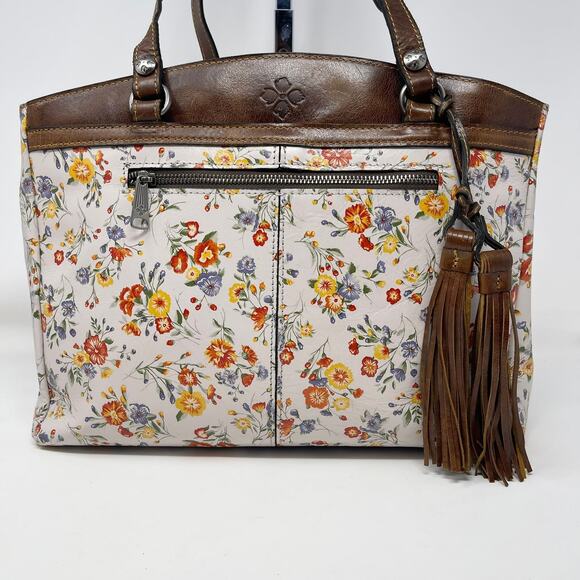 Patricia Nash Leather Poppy Tote Mini Meadows Floral‎ Print Brown Trim Tassels - Picture 2 of 14